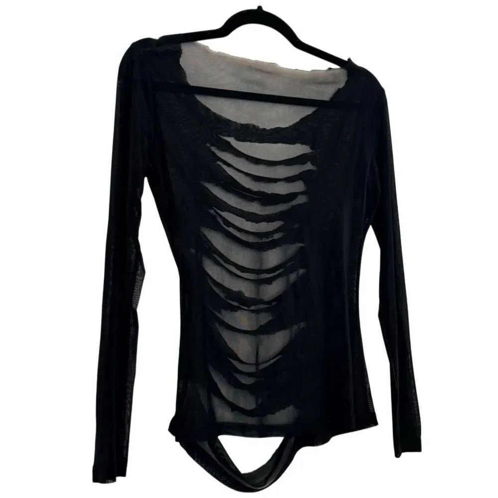Fashion Nova Boat Neck Ripped Back Long Sleeve Black T-Shirt Size Small